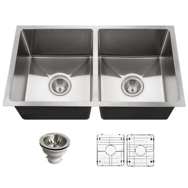 Houzer Nouvelle 31 inch Stainless Steel Undermount 50/50 Double Bowl Kitchen Sink with Strainer & Grid